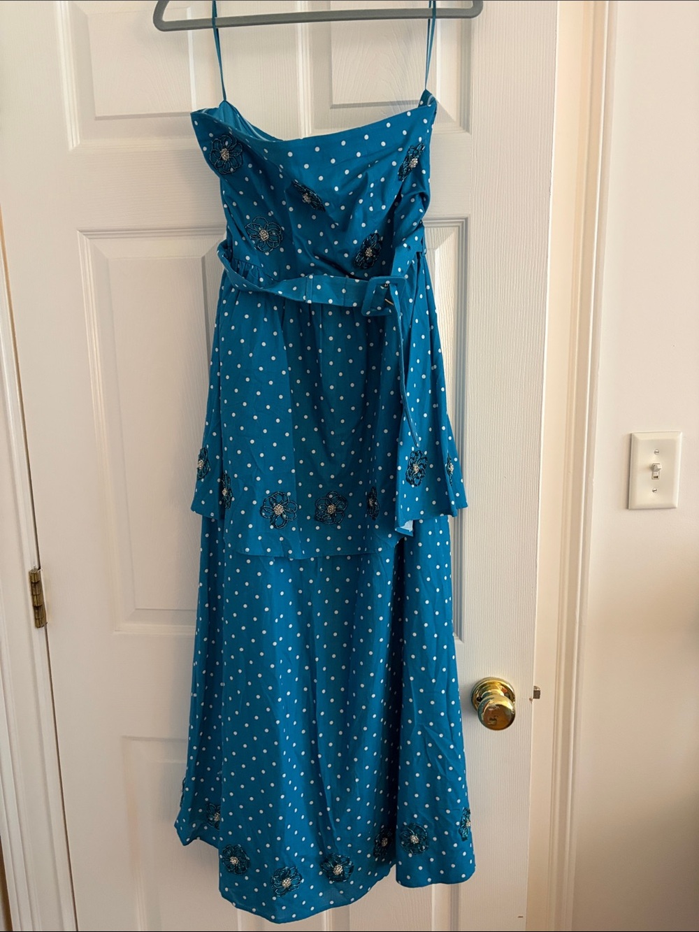 Blue Polka Dot Strapless Tiered Maxi Dress